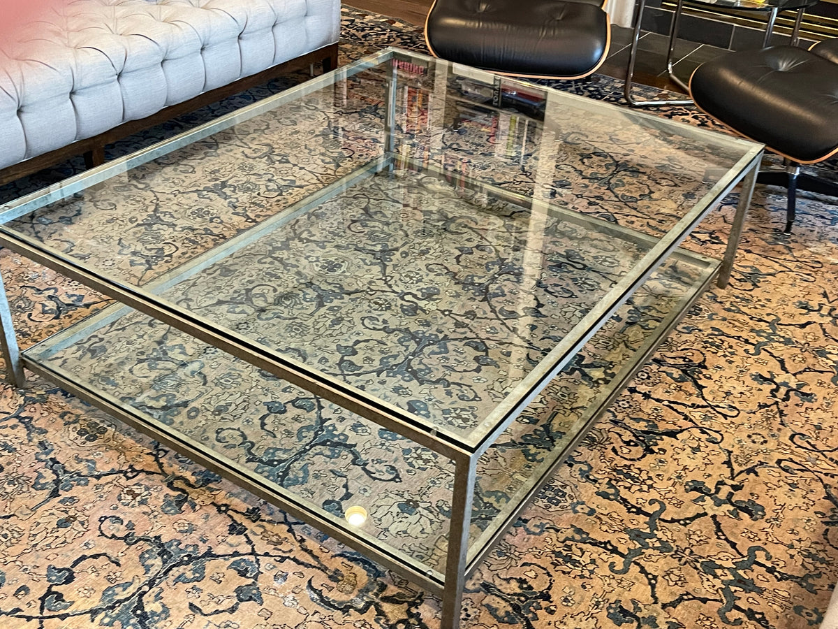 Large Silver Glass Coffee Table with Glass Shelf Upper Kirby Consignment